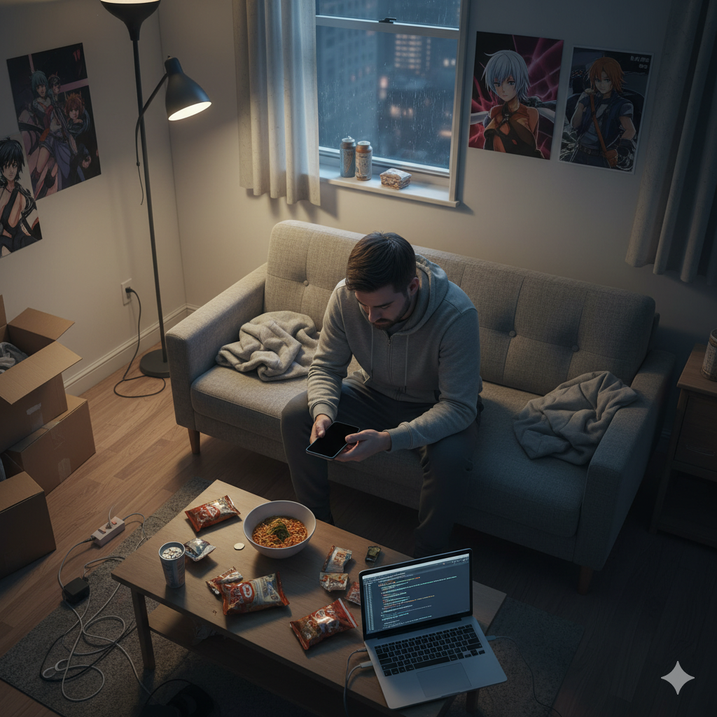 iPhoneが付かなくなり、落ち込んでる男性のイラスト。